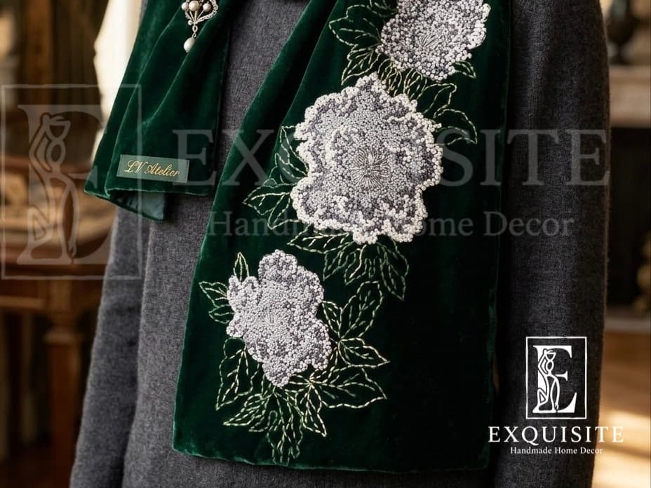 Scarf luxury velvet with hand embroidery