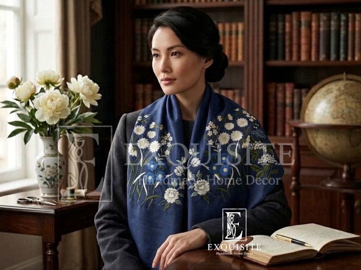 Scarf silk velvet w.hand embroidery- Khăn nhung lụa thêu tay — Exclusive Piece