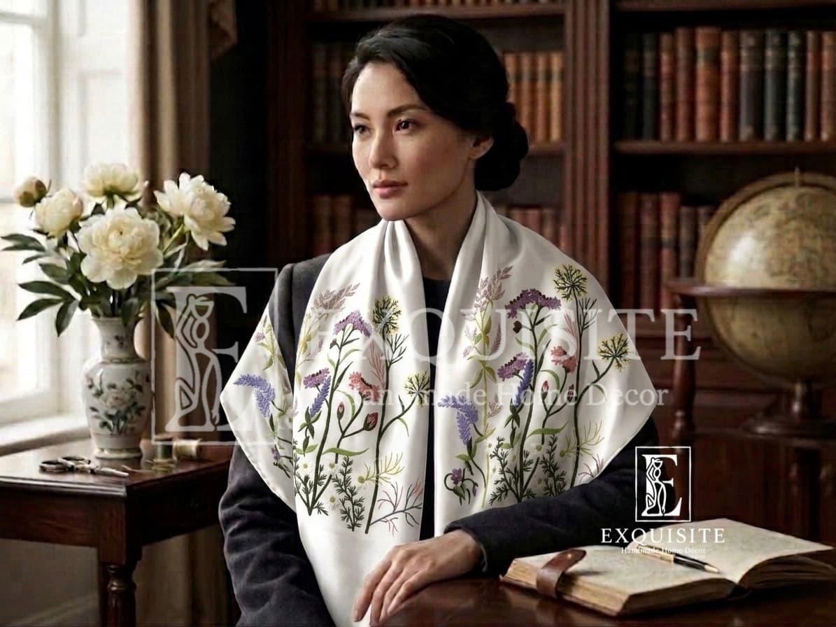Scarf silk velvet w.hand embroidery- Khăn nhung lụa thêu tay — Exclusive Piece